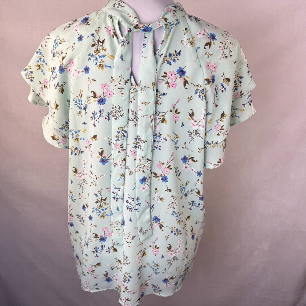 Pleione Top Sz L Sheer Green Floral Tie Around Neck Flutter Short Sleeve - Picture 4 of 7